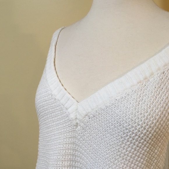 High Low Cold Shoulder Fringe Trim Waffle Knit Sweater Snow White - Picture 5 of 7